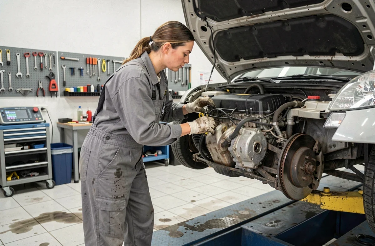 Mécanicienne effectuant l'entretien d'un moteur au garage Flavmotor à Bédarrides, spécialisé en mécanique automobile