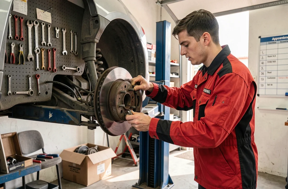 Jeune mécanicien du Garage Guyot Autos remplaçant un disque de frein dans un atelier polyvalent et réactif