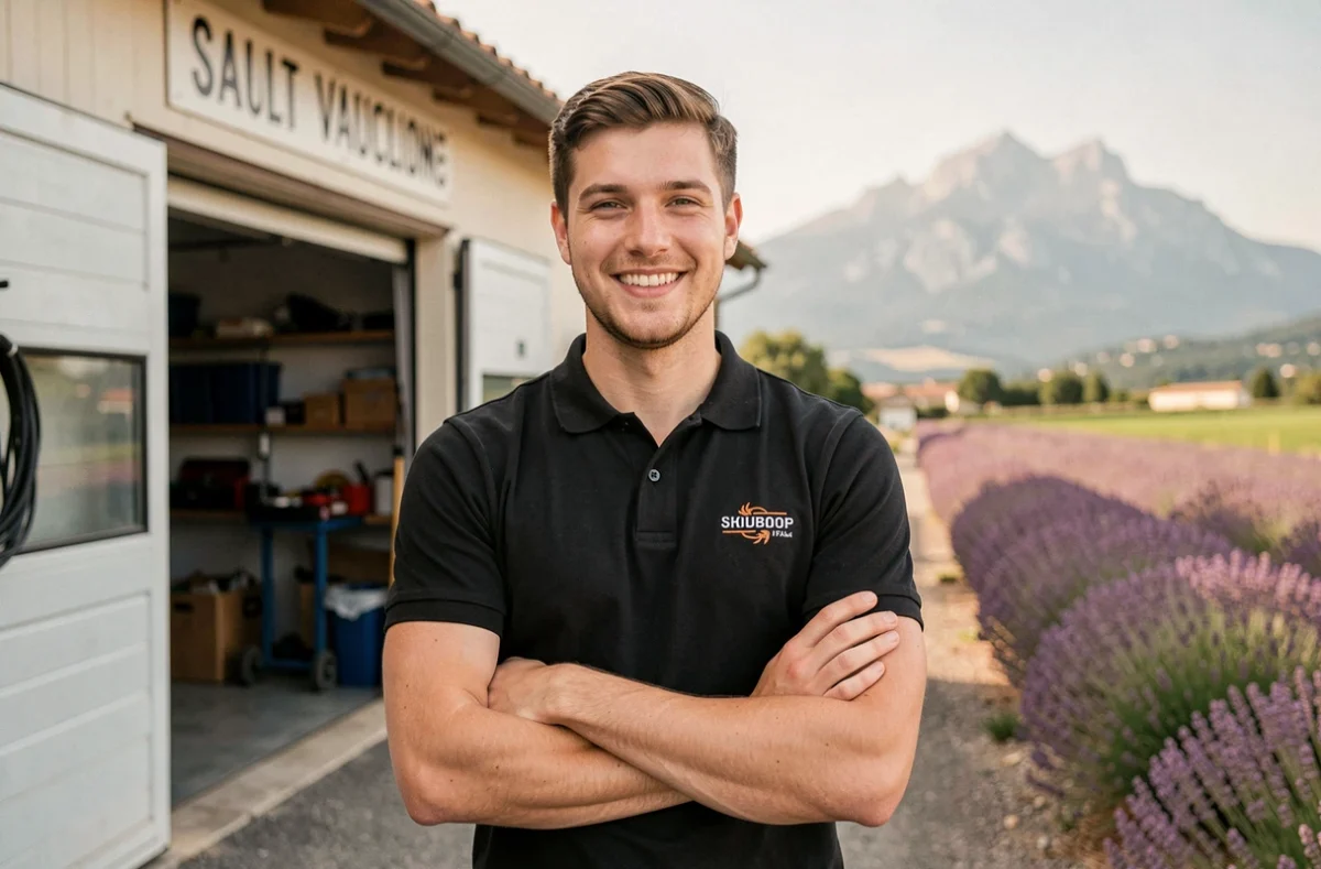 Propriétaire du Garage Kop devant son nouvel atelier à Sault avec le mont Ventoux et des champs de lavande en arrière-plan