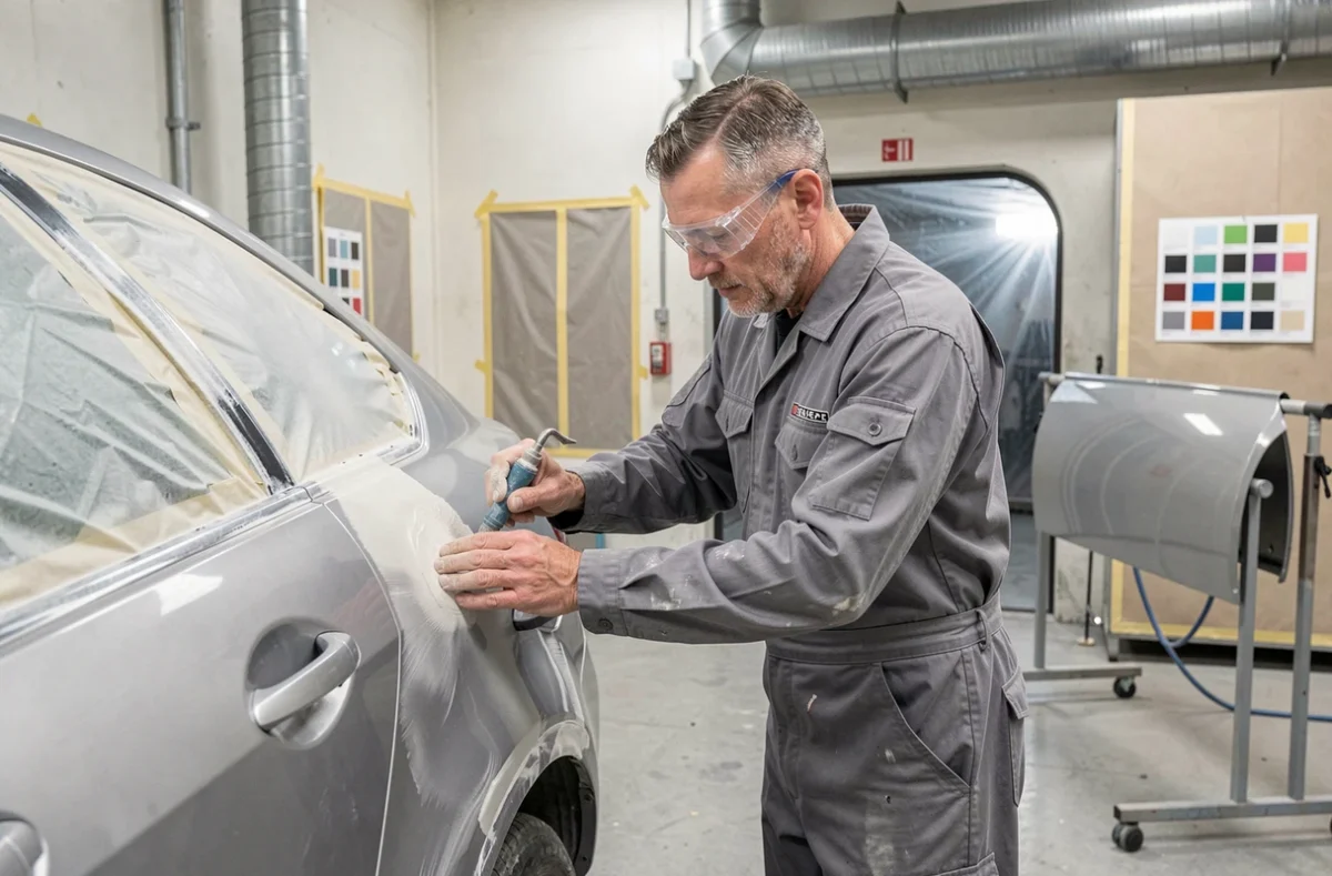 Carrossier du Garage Servic appliquant du mastic sur une porte de voiture dans un atelier de carrosserie professionnelle