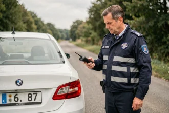 Gendarme contrôlant une plaque d'immatriculation LV 87 lors d'un contrôle routier en Haute-Vienne