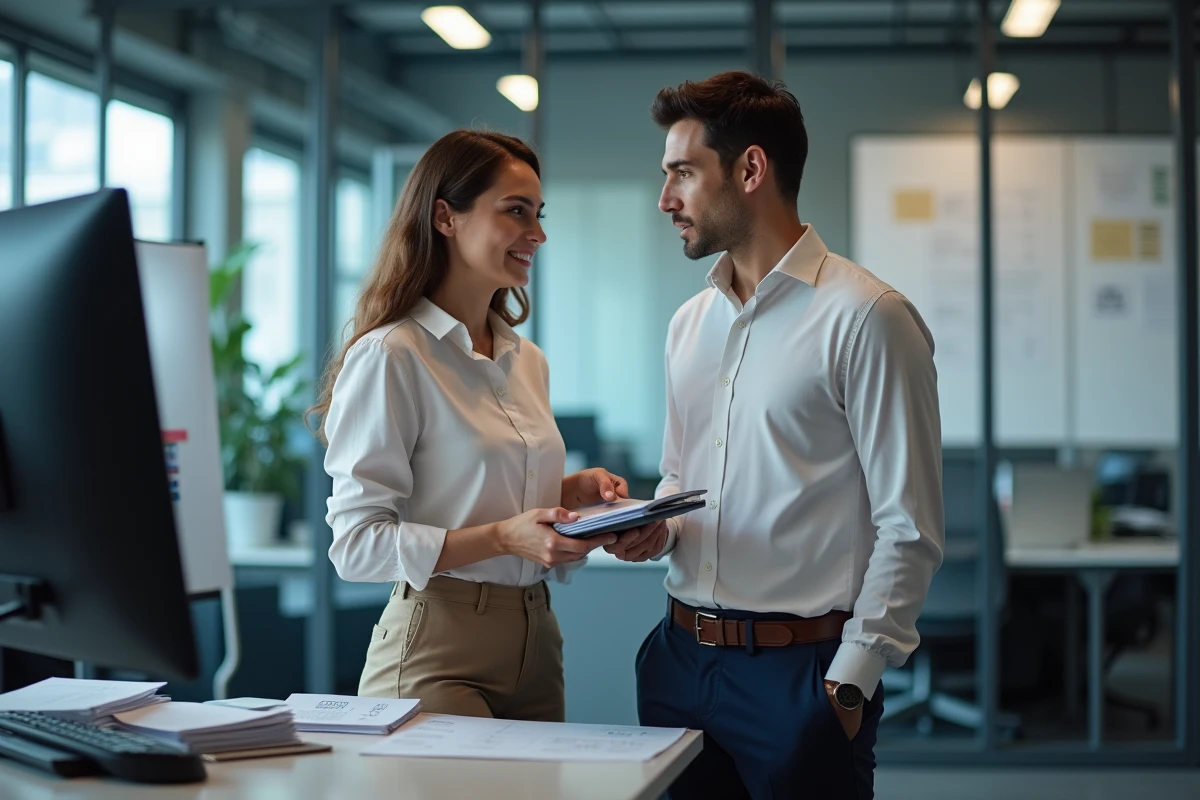Jeune femme gestionnaire discutant avec un collègue devant un écran dans un bureau moderne