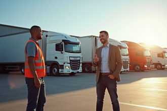 Gestionnaire de flotte parlant avec un chauffeur de poids lourd devant des camions modernes