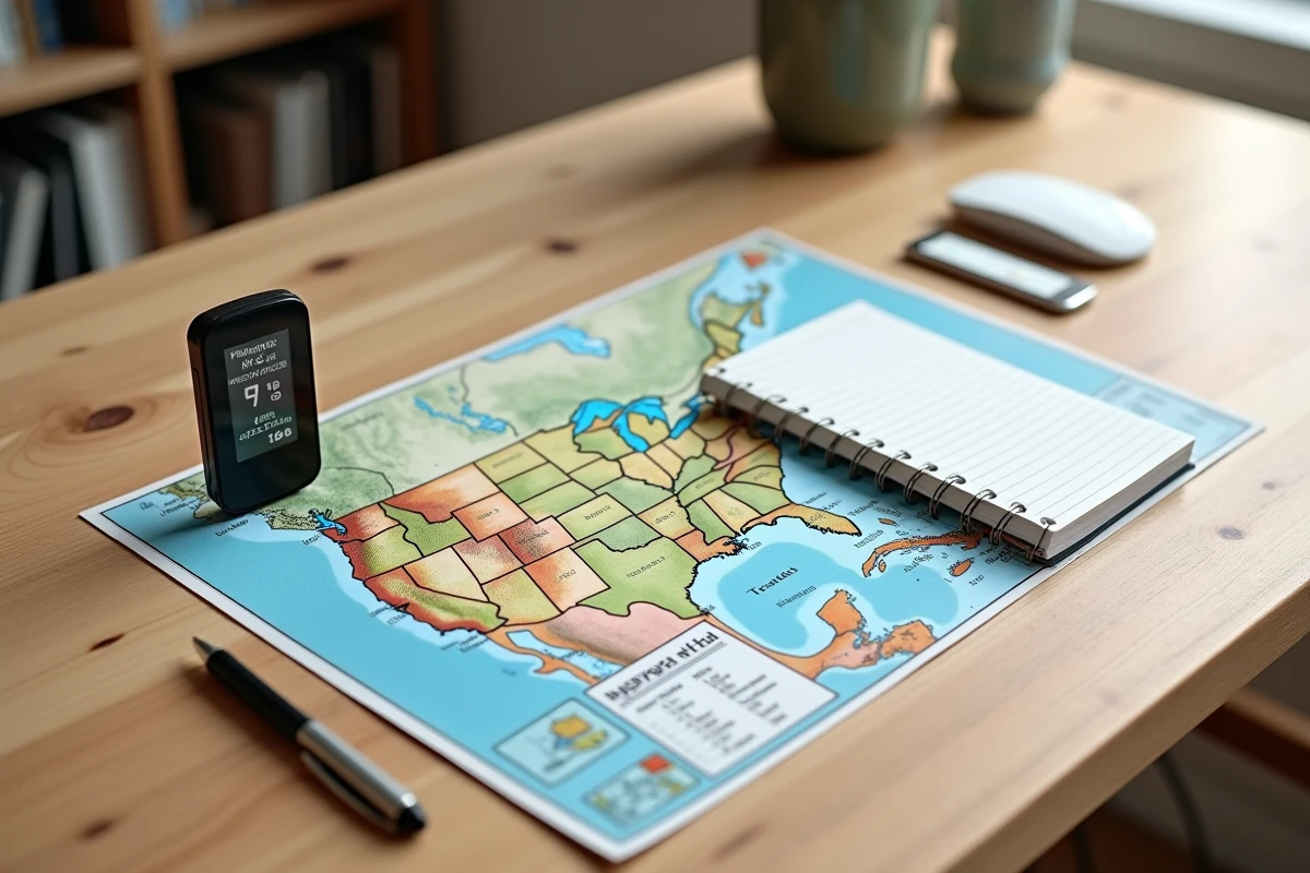 Vue à plat d'un GPS portable, carte routière et tableau de conversion miles par heure en kilomètres par heure sur un bureau en bois