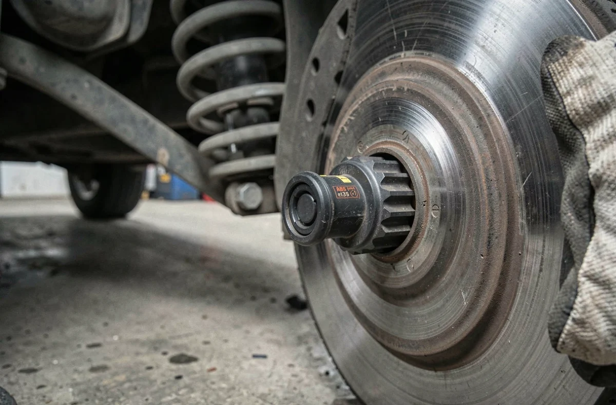 Gros plan d'un capteur ABS et de la couronne phonique sur un moyeu de roue remplacé lors d'un diagnostic automobile