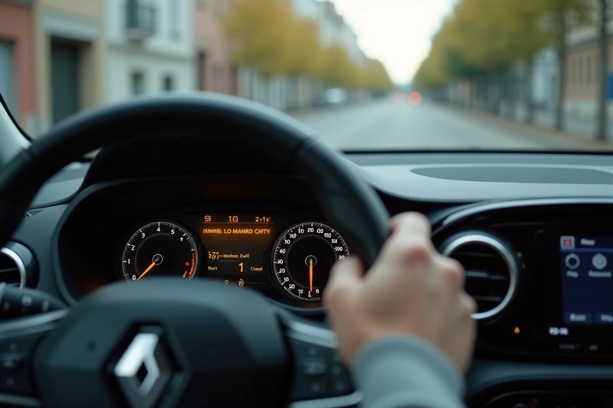 Gros plan sur l'écran du tableau de bord d'une Renault Clio 5 affichant le message d'avertissement injection à contrôler en conduite urbaine