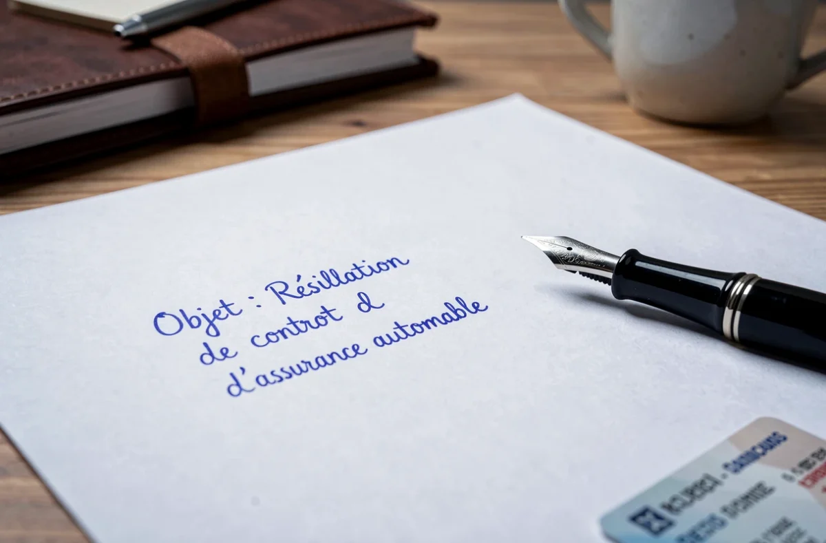 Gros plan sur une lettre de résiliation d'assurance voiture rédigée à la main avec un stylo plume