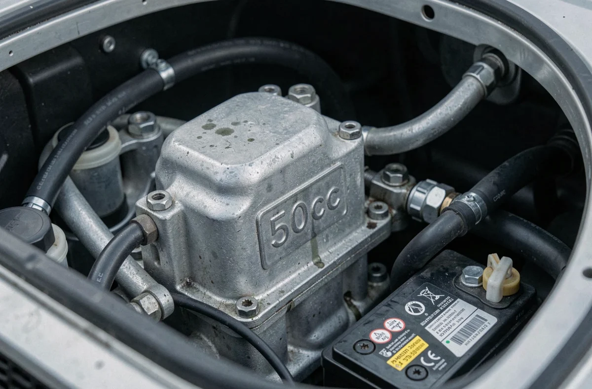 Gros plan sur le bloc moteur 50cc d'une voiture sans permis indiquant la cylindrée autorisée