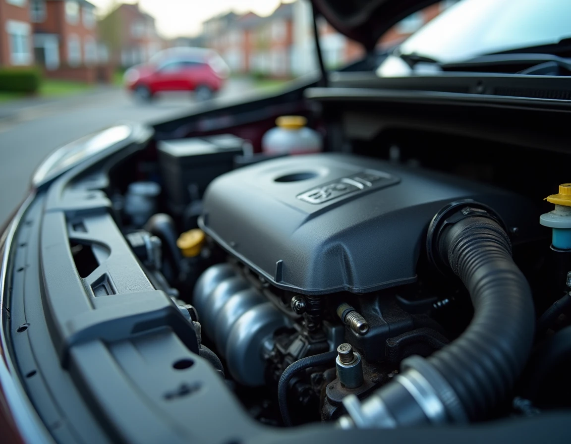 Gros plan sur le moteur turbo essence d'un Nissan Qashqai lors d'une inspection avant achat