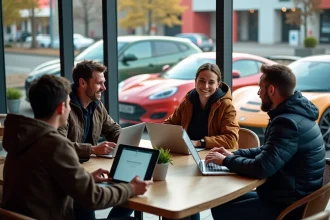 Groupe de passionnés de voitures autour d'une table en café