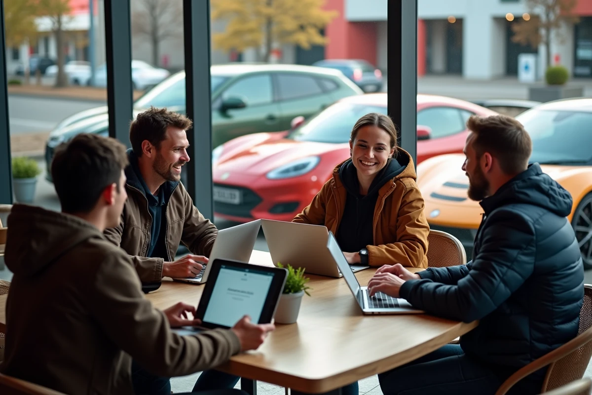 Groupe de passionnés de voitures autour d'une table en café