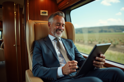 Homme d'affaires détendu dans un bus de luxe élégant