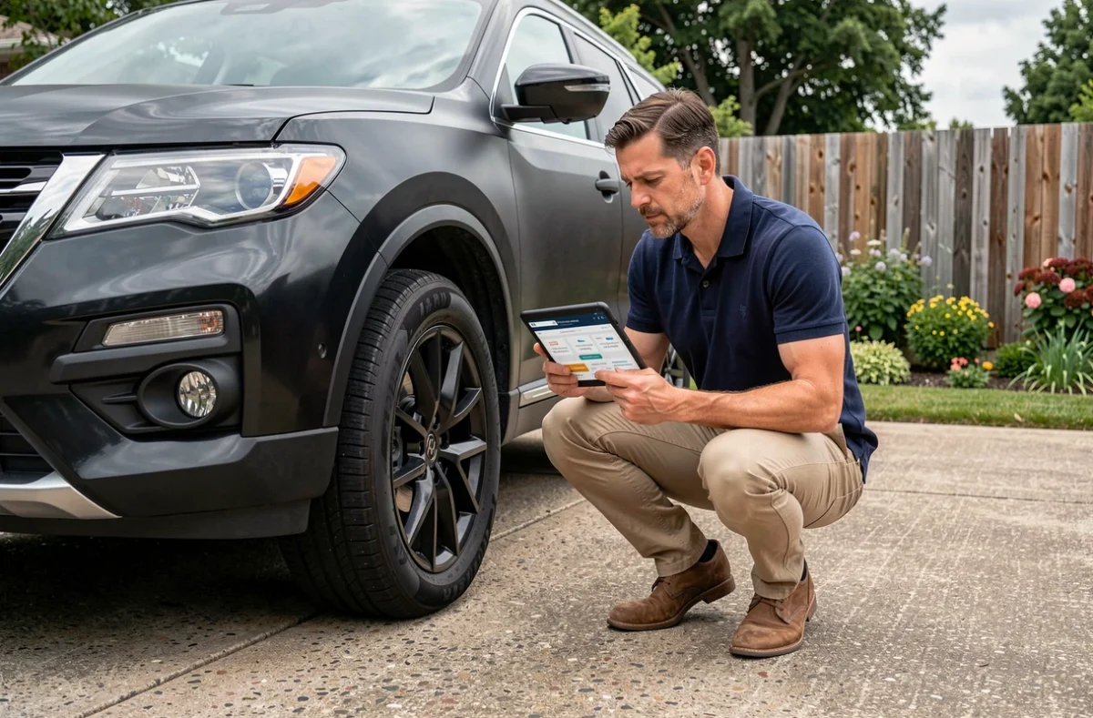Homme évaluant une assurance auto pour grand SUV noir dans une allée résidentielle avec tablette