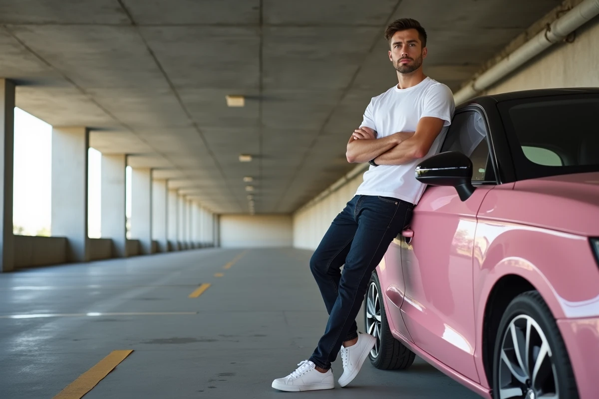 Jeune homme appuyé contre une Audi A1 rose dans un parking en béton, attitude décontractée et assumée