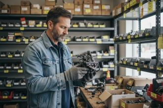 Homme inspectant une pièce auto dans un atelier