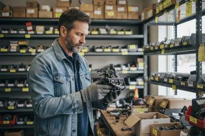 Homme inspectant une pièce auto dans un atelier