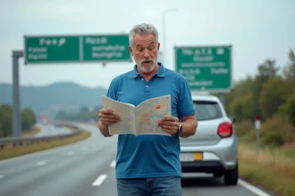 Homme d'âge moyen avec carte routière près d'une voiture sur l'autoroute