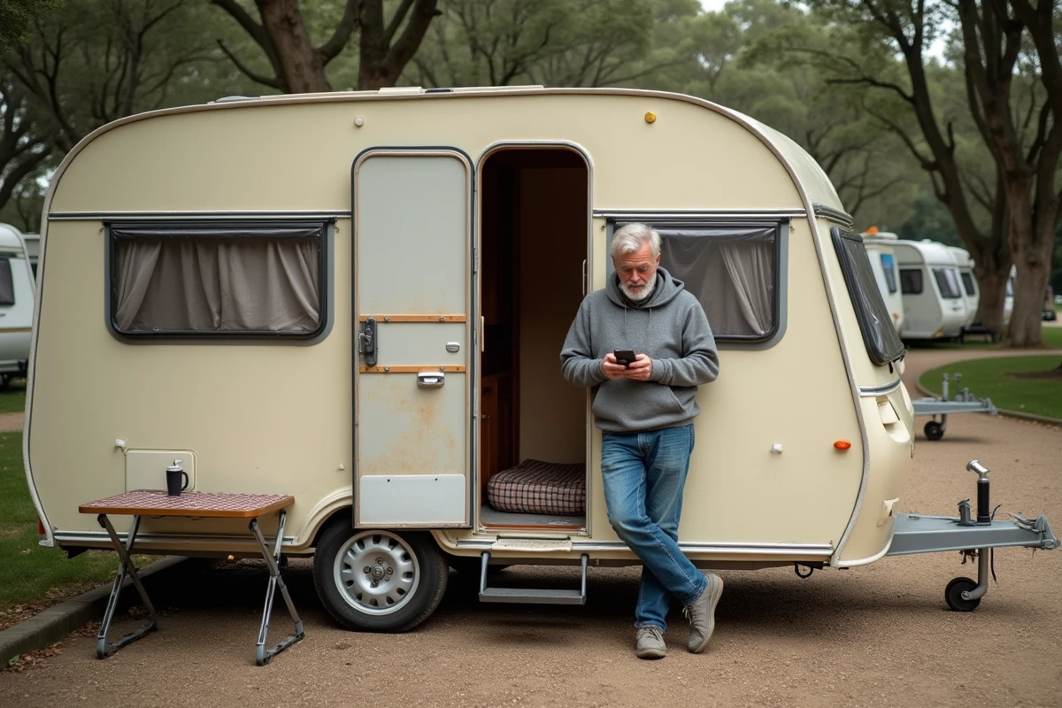Homme détendu appuyé contre une caravane occasion bon marché dans une aire de camping naturelle