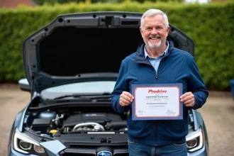 Homme avec certificat Prodrive devant un moteur Subaru