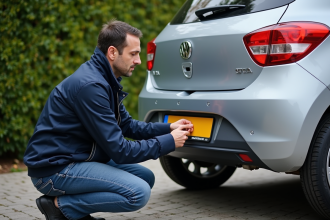 Homme posant une nouvelle plaque d'immatriculation sur une voiture