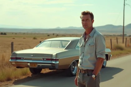 Homme devant une Chevy Impala 1967 en campagne