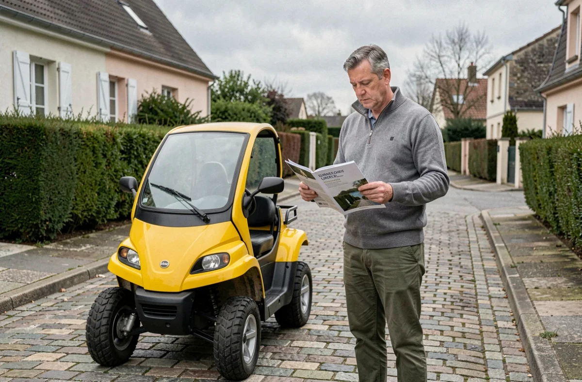 Homme comparant des brochures de voitures sans permis devant un quadricycle jaune dans une rue résidentielle