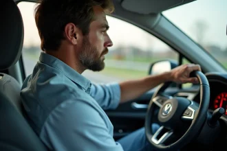 Homme en voiture regardant le tachometre en conduite quotidienne