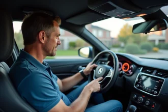Homme d'âge moyen dans une voiture moderne examine le tableau de bord