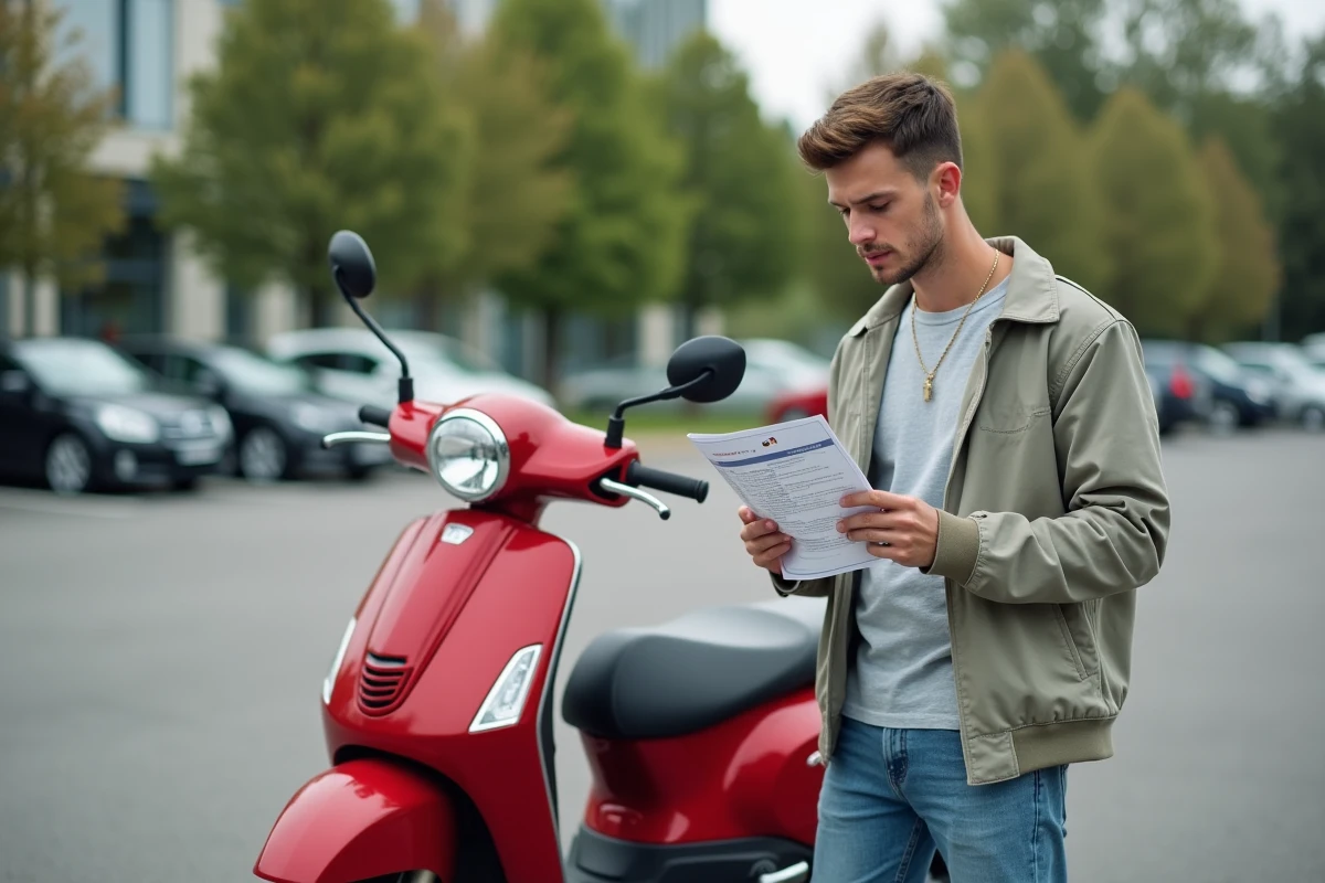 Jeune homme consultant la brochure de prix d'un scooter Honda 125 dans un parking