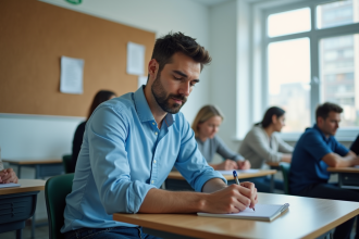 Homme concentré prenant des notes lors d'un cours de permis