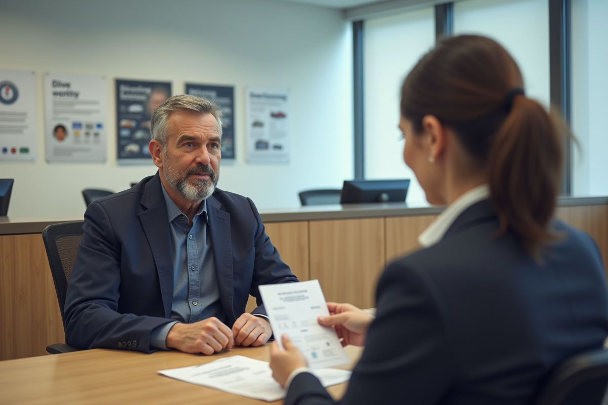 Homme d'âge moyen remettant ses papiers à une officielle