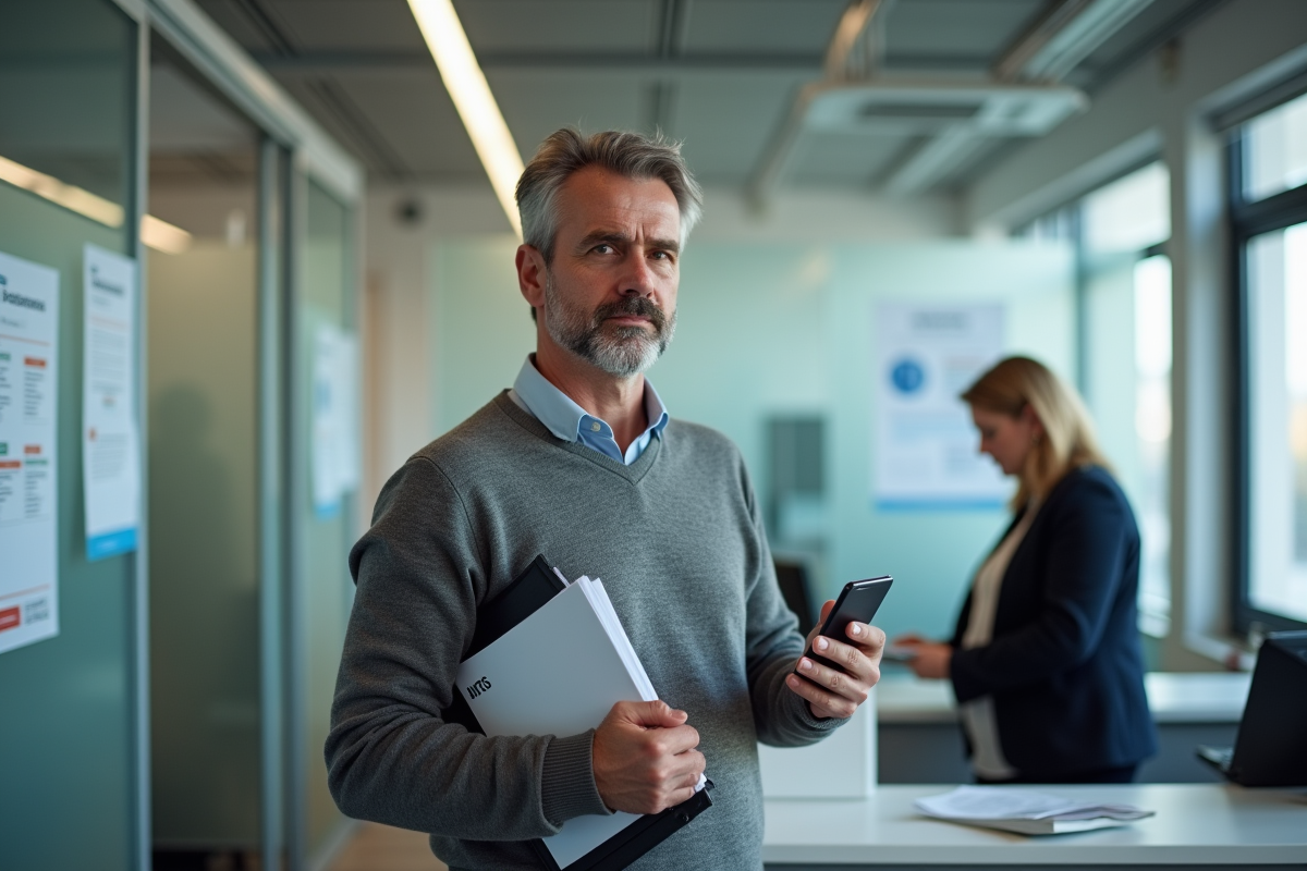 Homme dans un bureau français effectuant des démarches administratives
