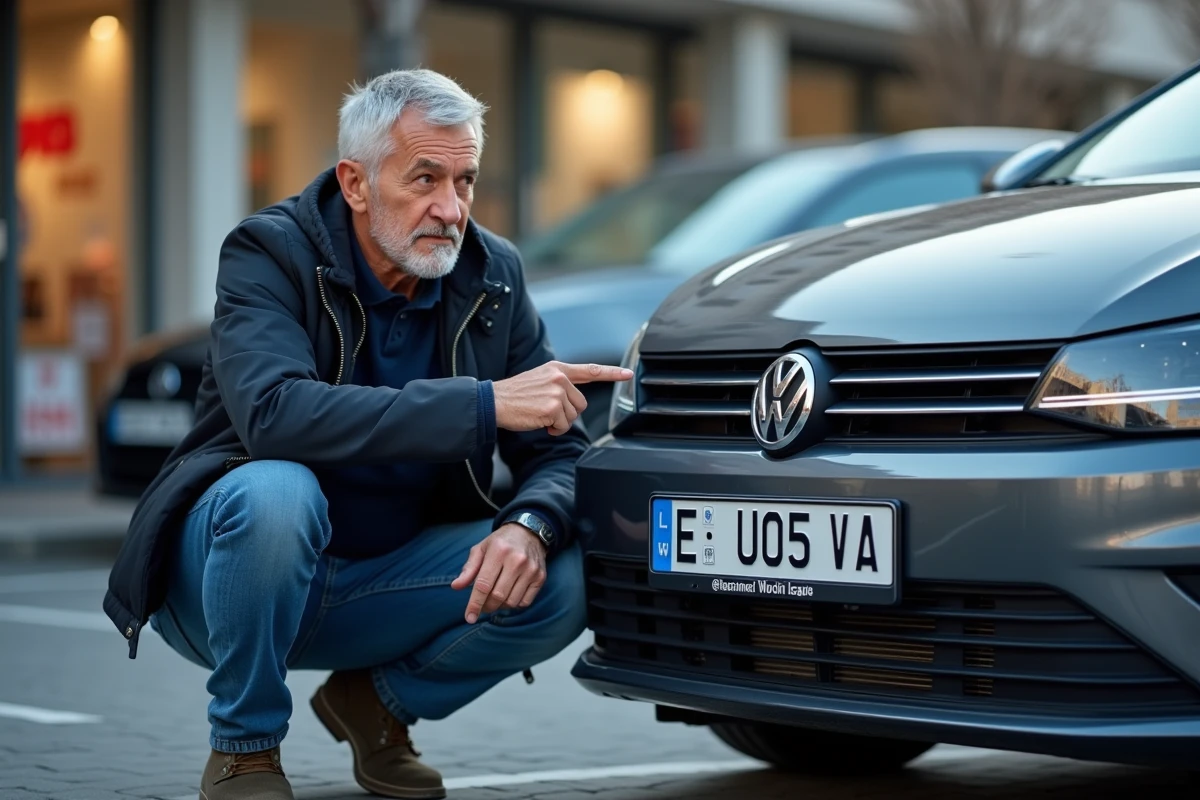 Homme d'une quarantaine d'années examinant une plaque d'immatriculation portant le sigle UA sur un véhicule en parking