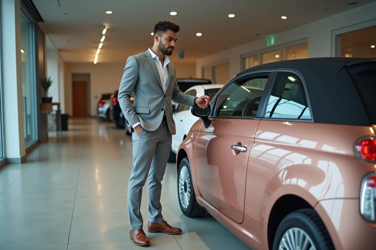 Homme en costume examine une Fiat 500 en showroom