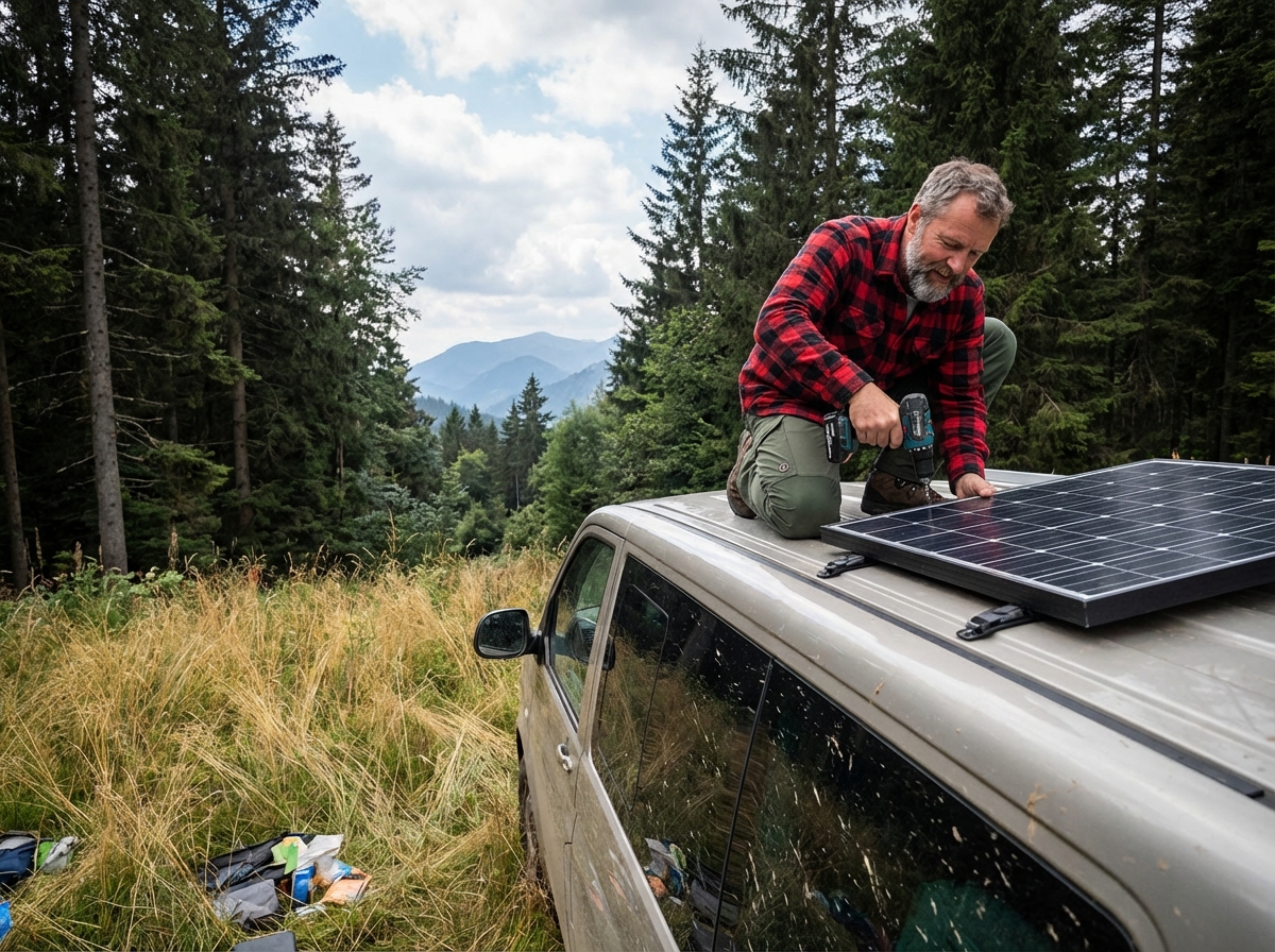 Homme posant un panneau solaire sur un van en forêt