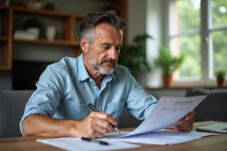 Homme d'âge moyen lisant documents d'assurance auto