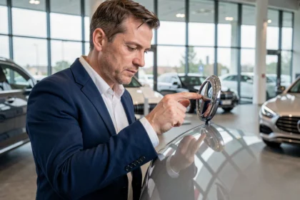 Homme en veste bleue examinant attentivement un logo de marque automobile chromé dans une salle d'exposition de voitures de luxe