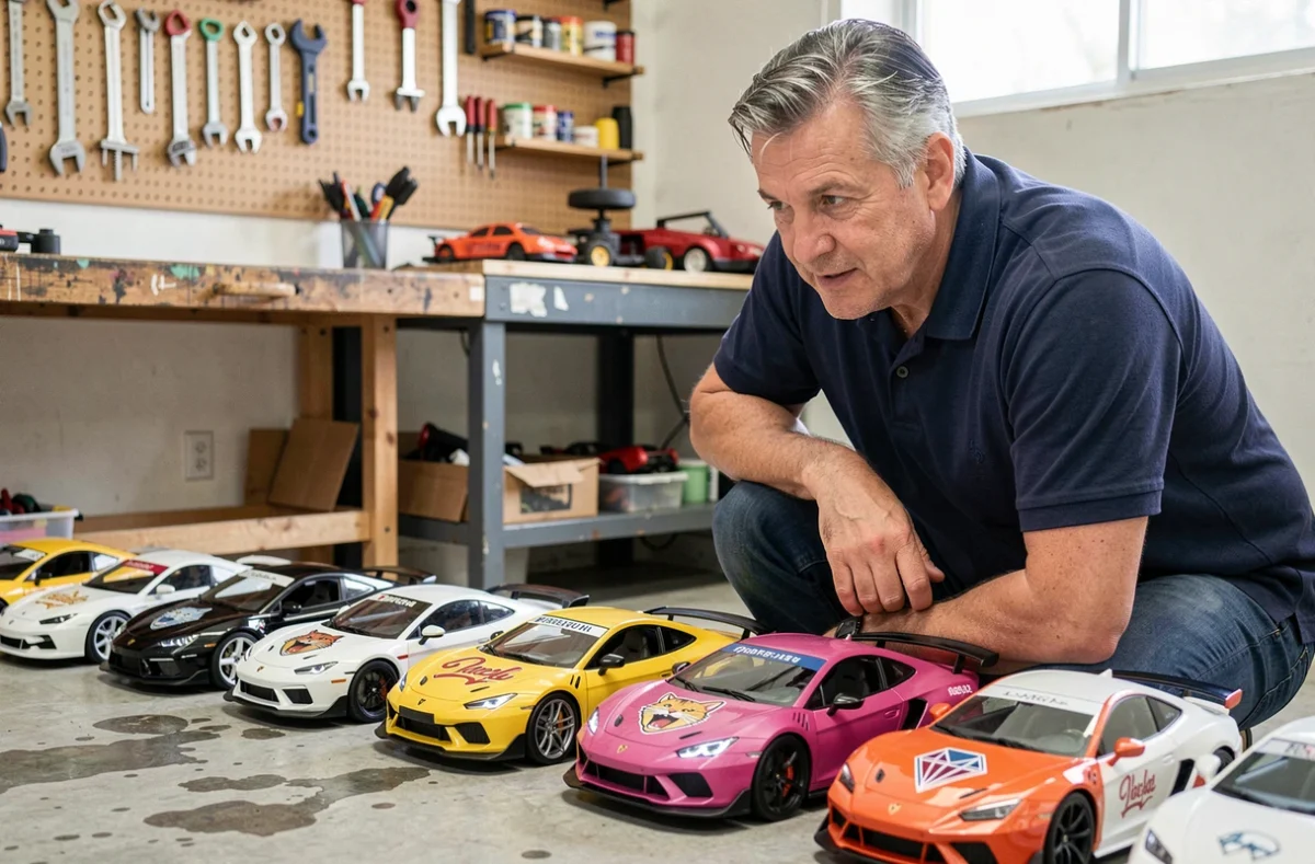 Homme passionné examinant les logos de marques automobiles sur des voitures miniatures dans un garage