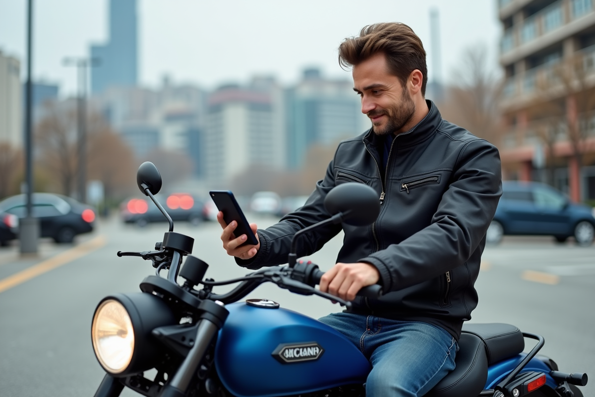 Jeune homme en moto urbaine avec téléphone sur guidon
