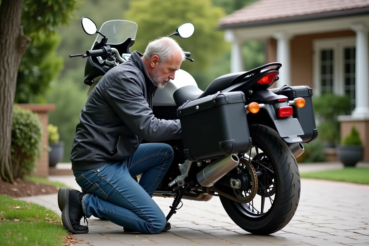 Homme vérifiant ses sacoches de moto devant sa maison