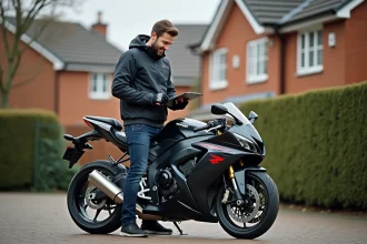 Homme souriant vérifiant une Suzuki GSX 600 R devant sa maison