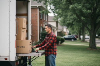 Homme concentré utilisant une plateforme de remorque pour déménagement