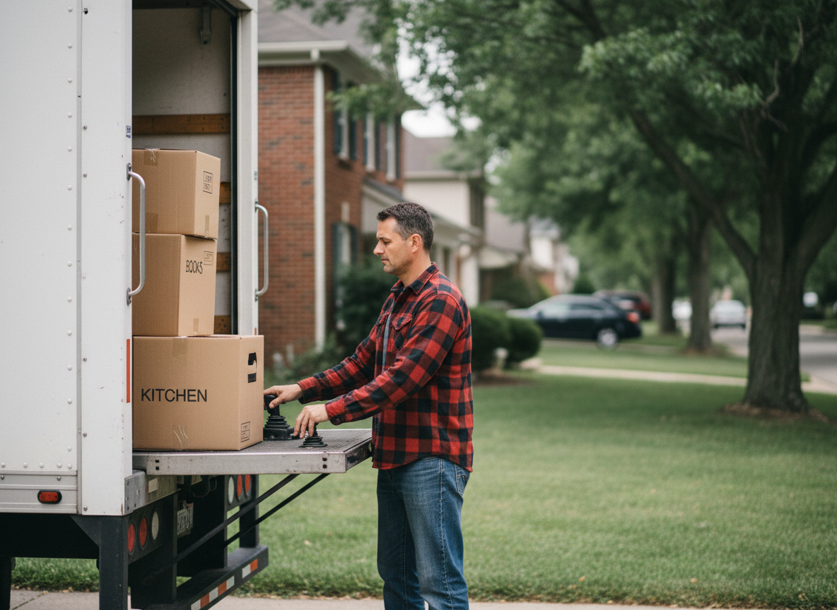 Homme concentré utilisant une plateforme de remorque pour déménagement