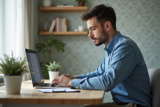 Homme concentré sur un formulaire en ligne dans un salon lumineux