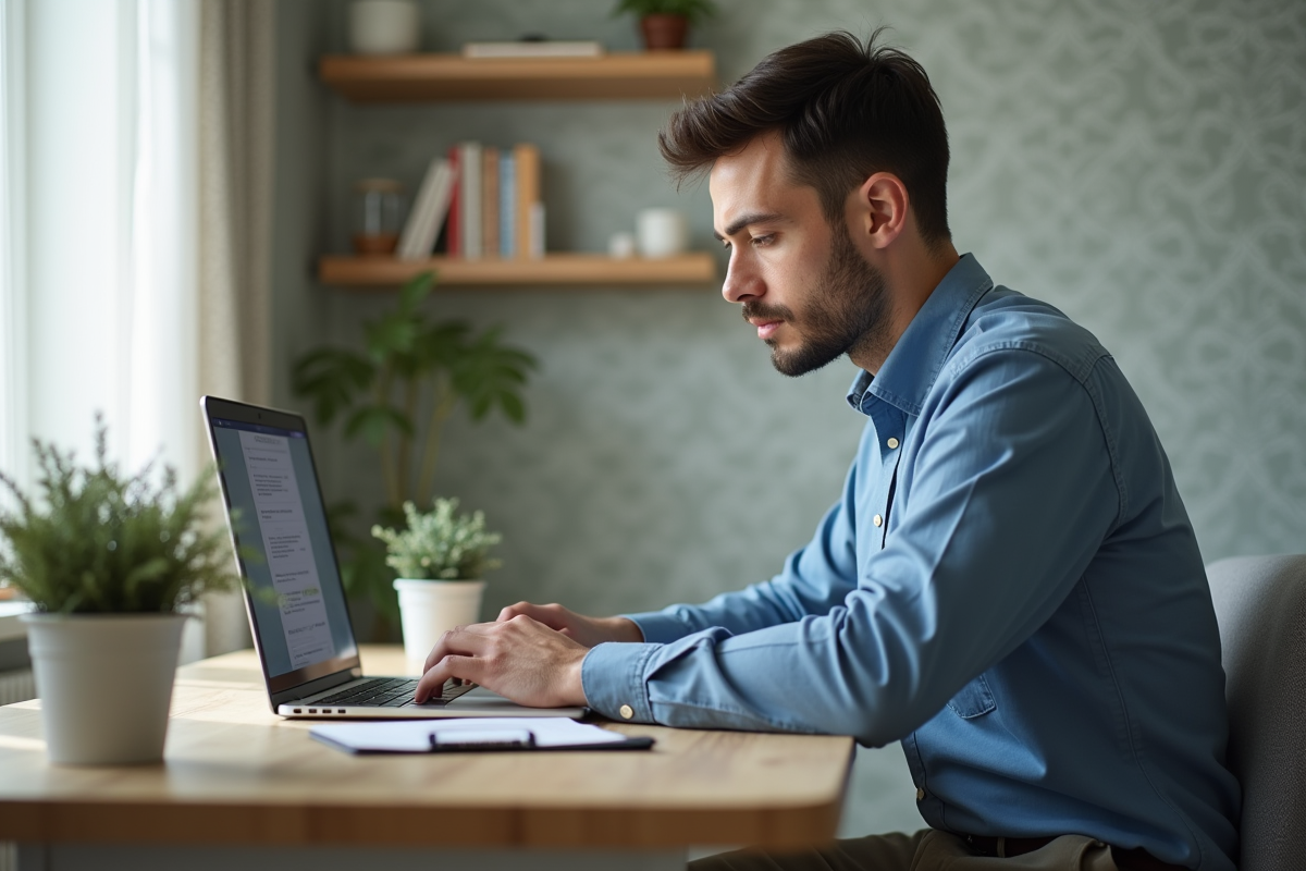 Homme concentré sur un formulaire en ligne dans un salon lumineux