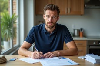 Homme remplissant papiers d'immatriculation voiture chez lui