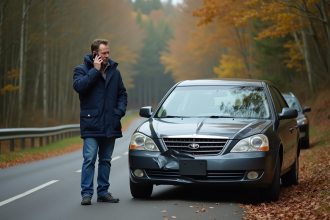 Homme en parka parlant au téléphone à côté de sa voiture