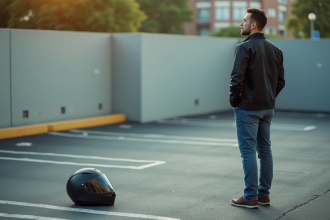 Homme pensif regardant une place de parking vide avec un casque moto
