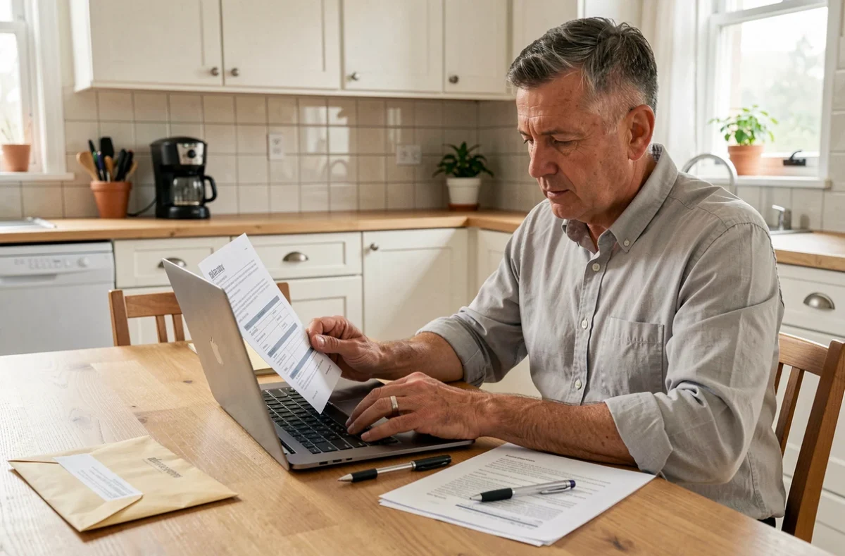 Homme consultant ses documents d'assurance automobile pour préparer une lettre de résiliation