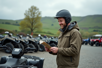 Homme souriant examinant une brochure avec un quad